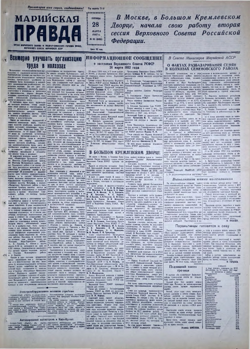 Газета «Марийская правда» от 28.03.1952