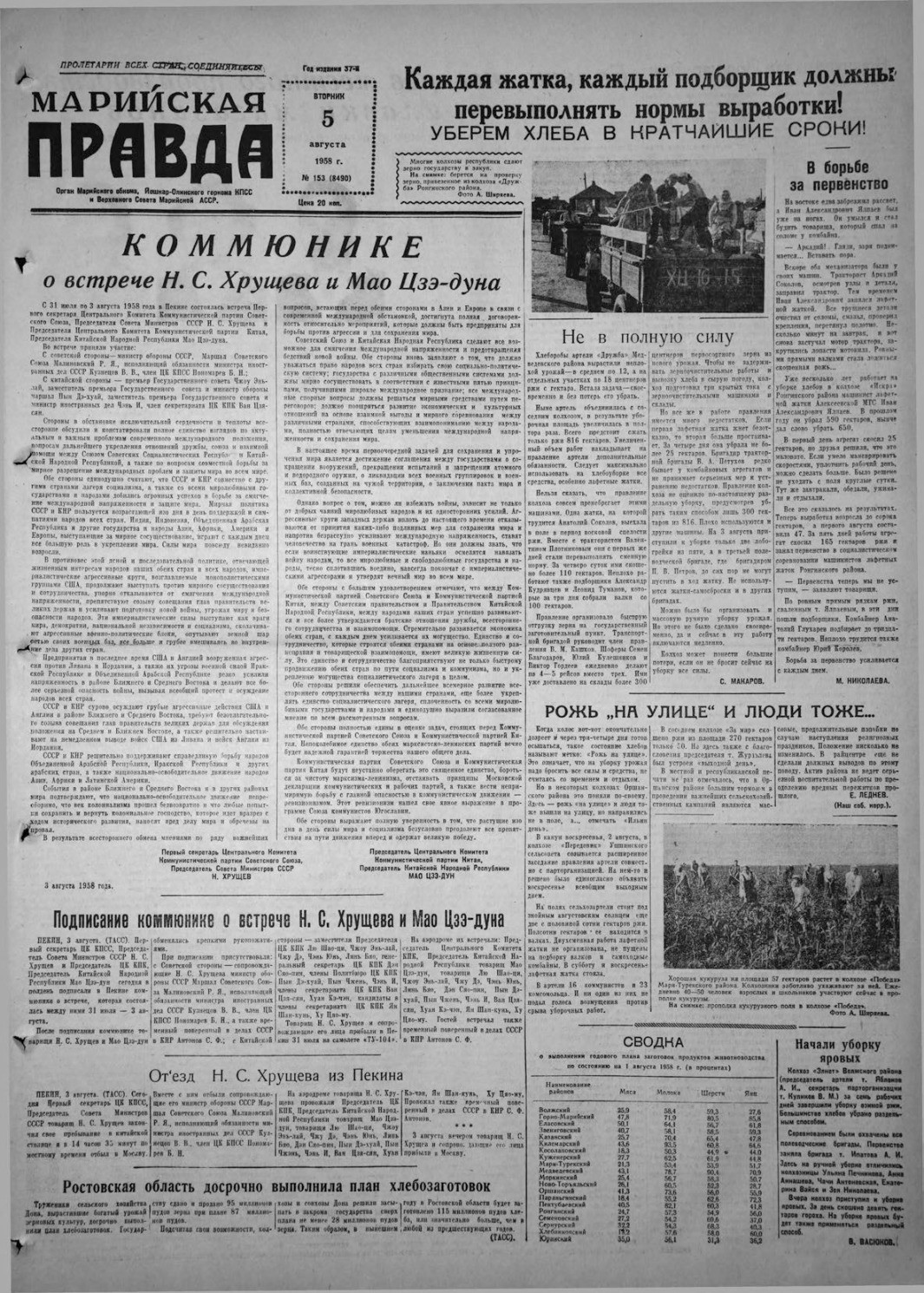 Газета «Марийская правда» от 05.08.1958