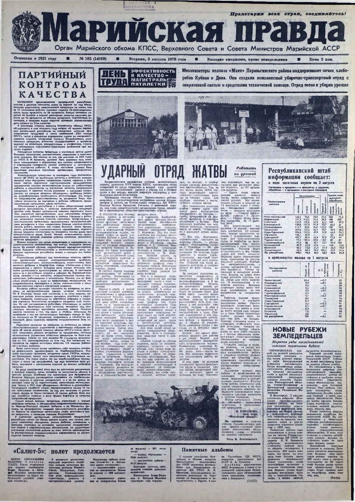 Газета «Марийская правда» от 03.08.1976