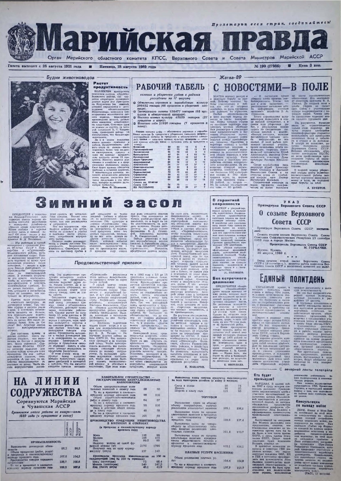 Газета «Марийская правда» от 18.08.1989