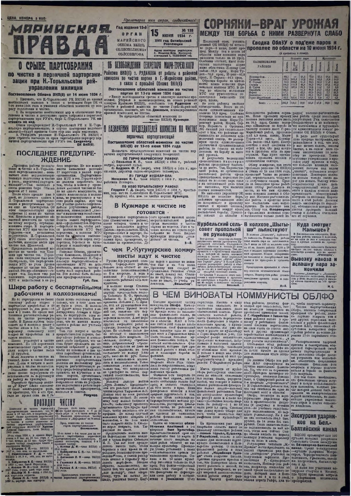 Газета «Марийская правда» от 15.06.1934