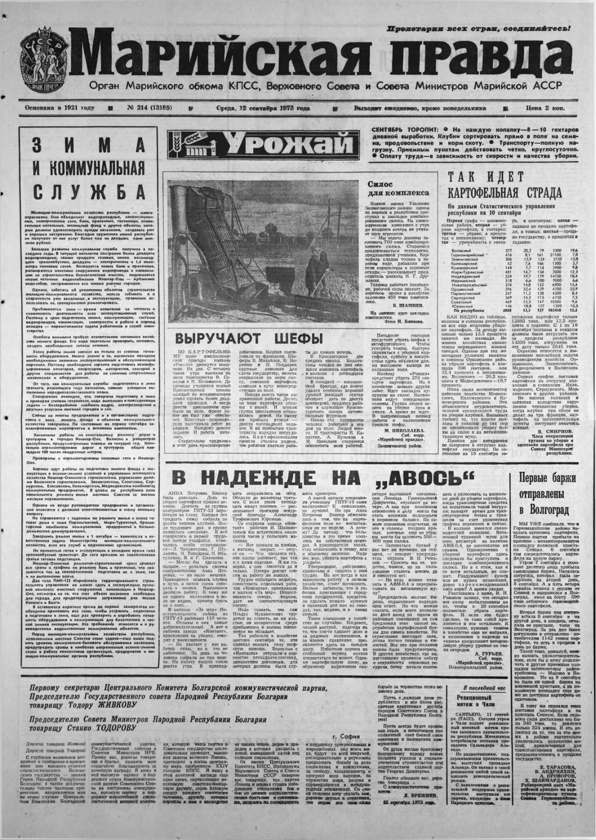 Газета «Марийская правда» от 12.09.1973