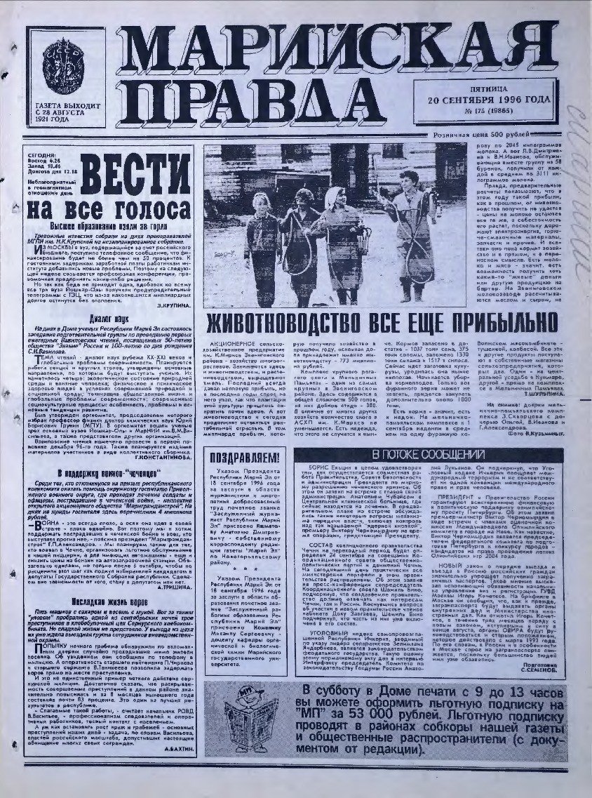 Газета «Марийская правда» от 20.09.1996