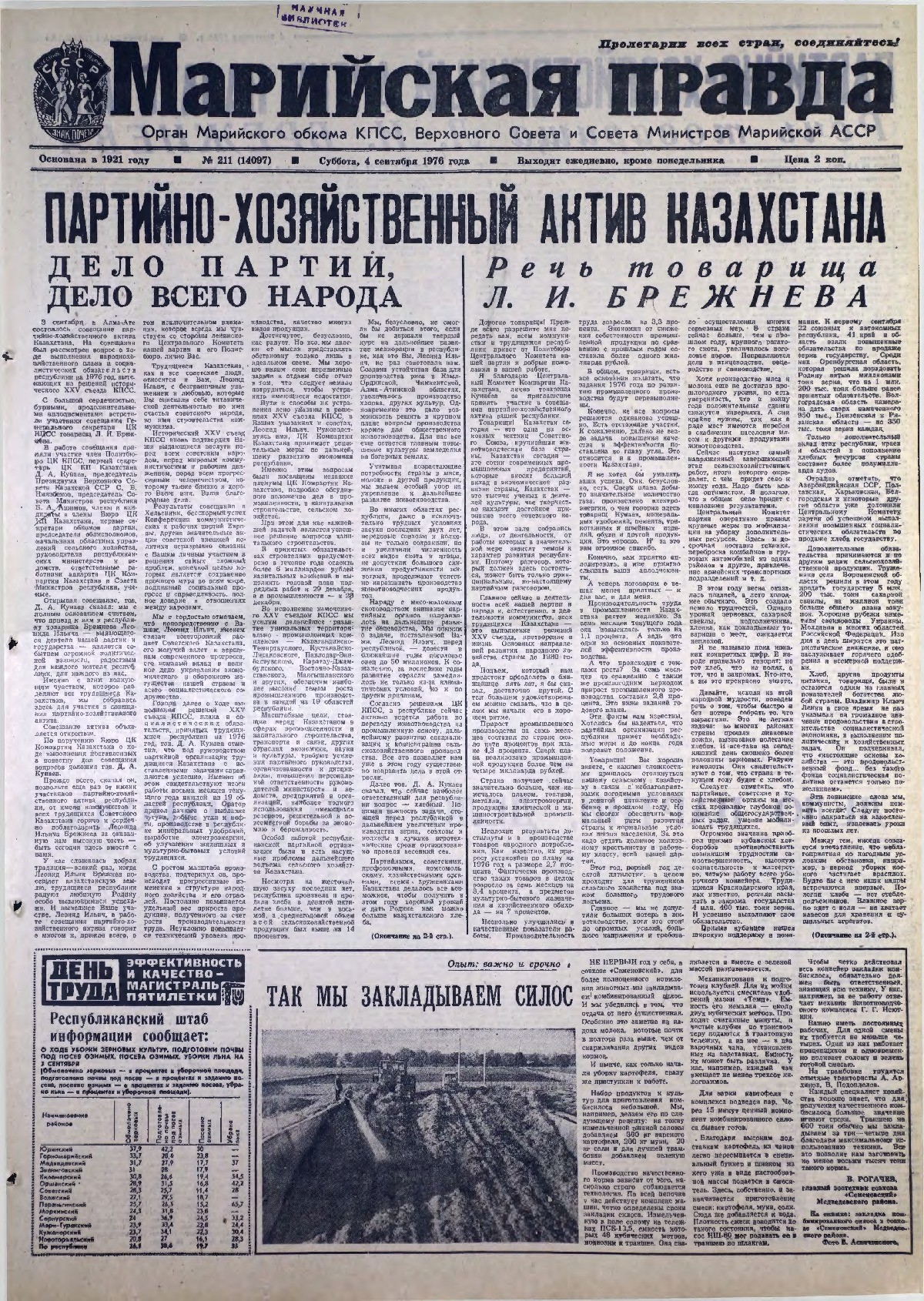 Газета «Марийская правда» от 04.09.1976