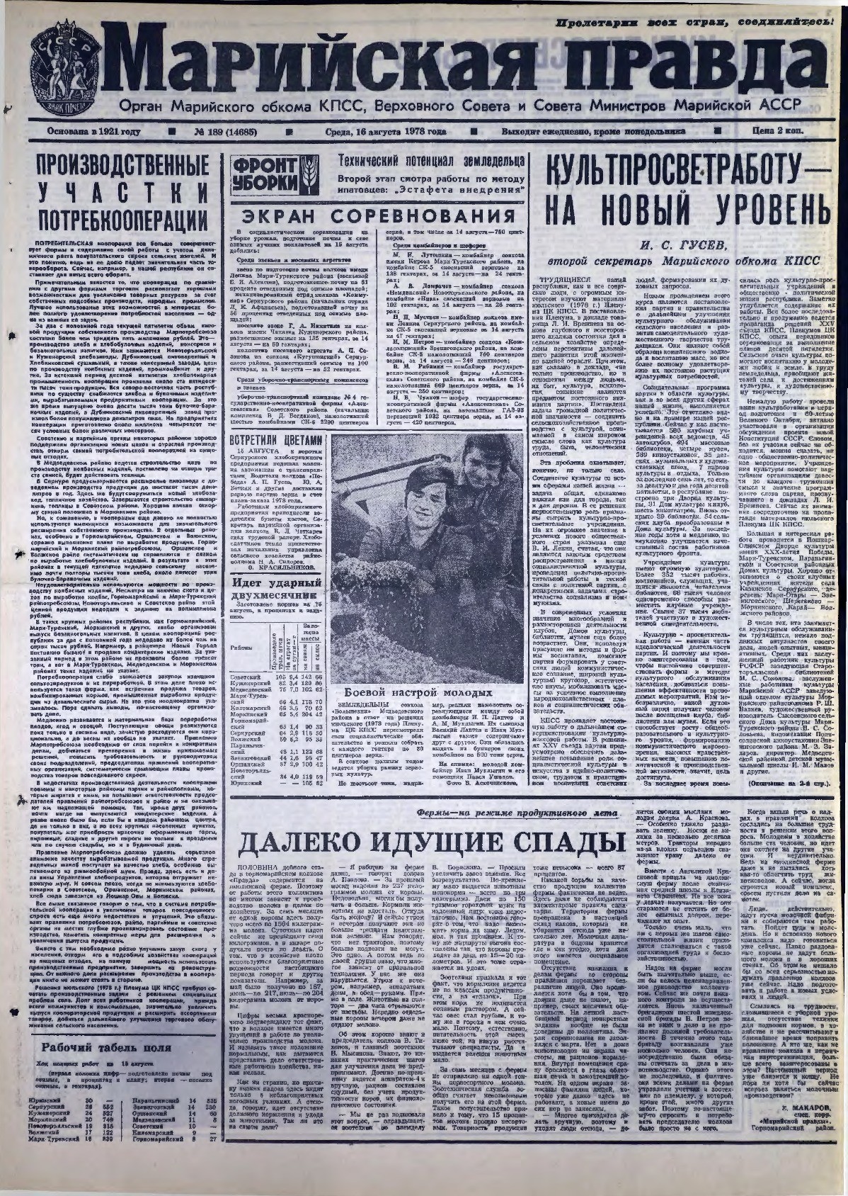 Газета «Марийская правда» от 16.08.1978