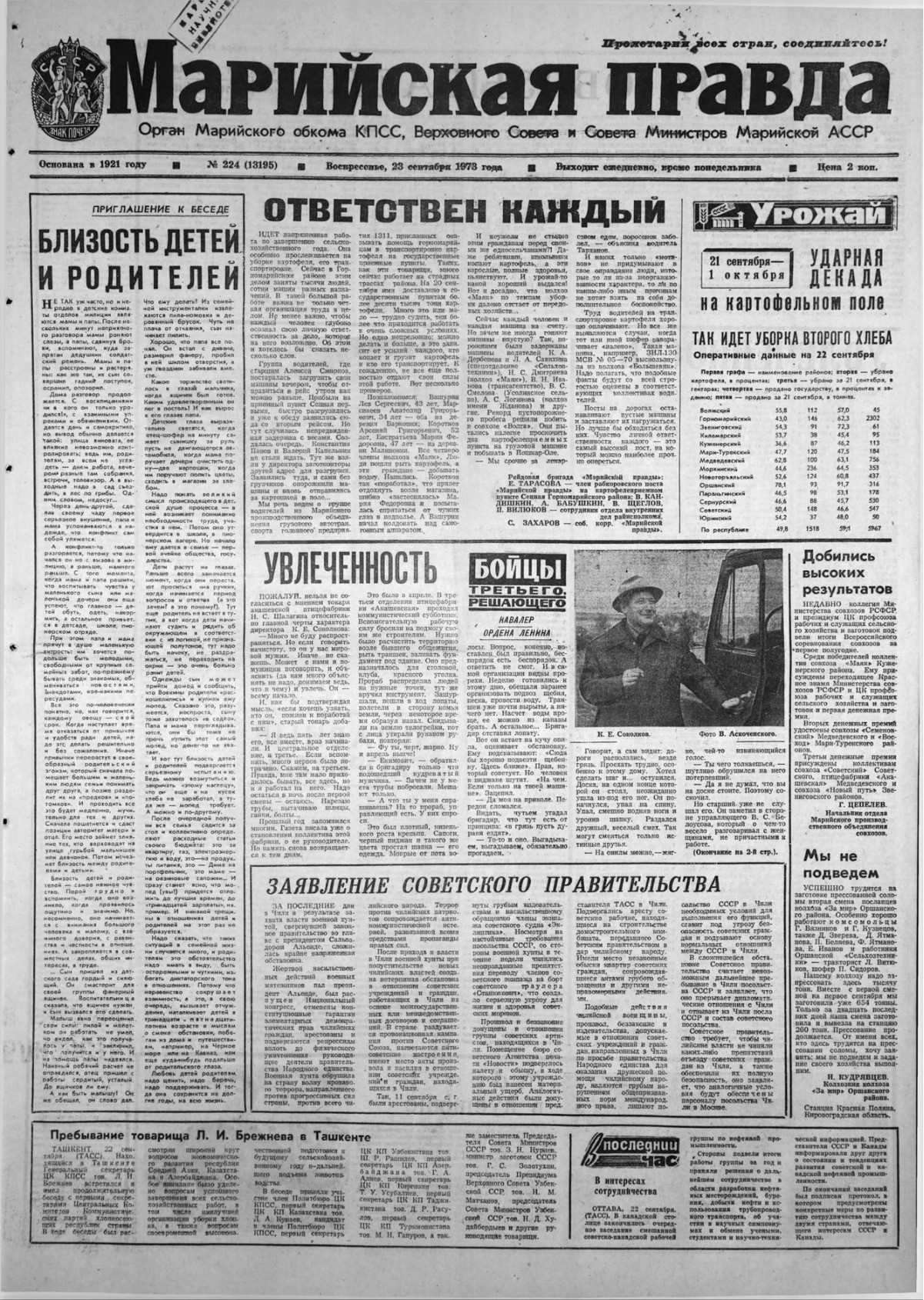 Газета «Марийская правда» от 23.09.1973