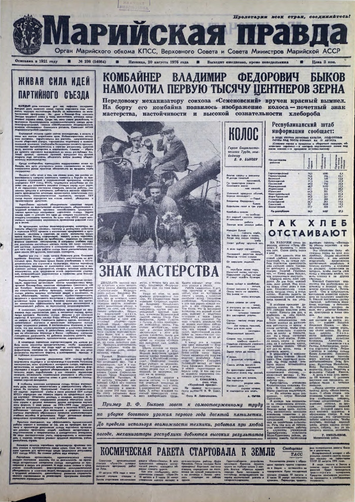 Газета «Марийская правда» от 20.08.1976