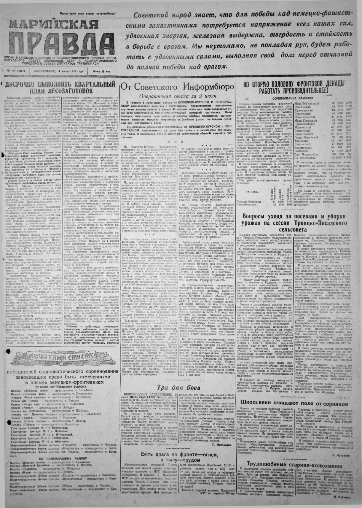 Газета «Марийская правда» от 11.07.1943