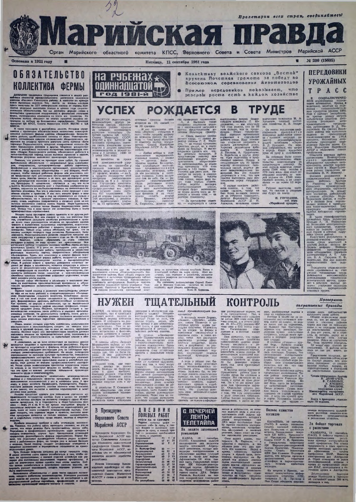 Газета «Марийская правда» от 11.09.1981