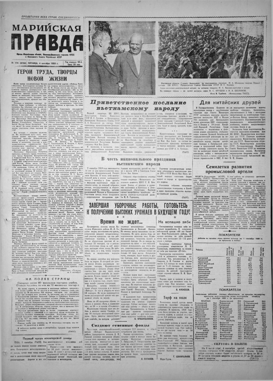 Газета «Марийская правда» от 04.09.1959