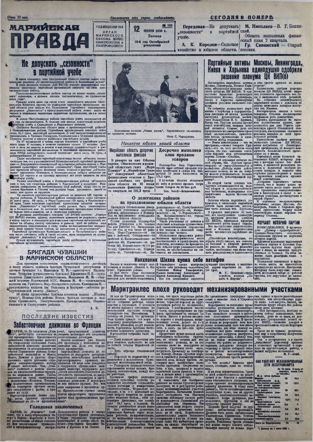 Газета «Марийская правда» от 12.06.1936