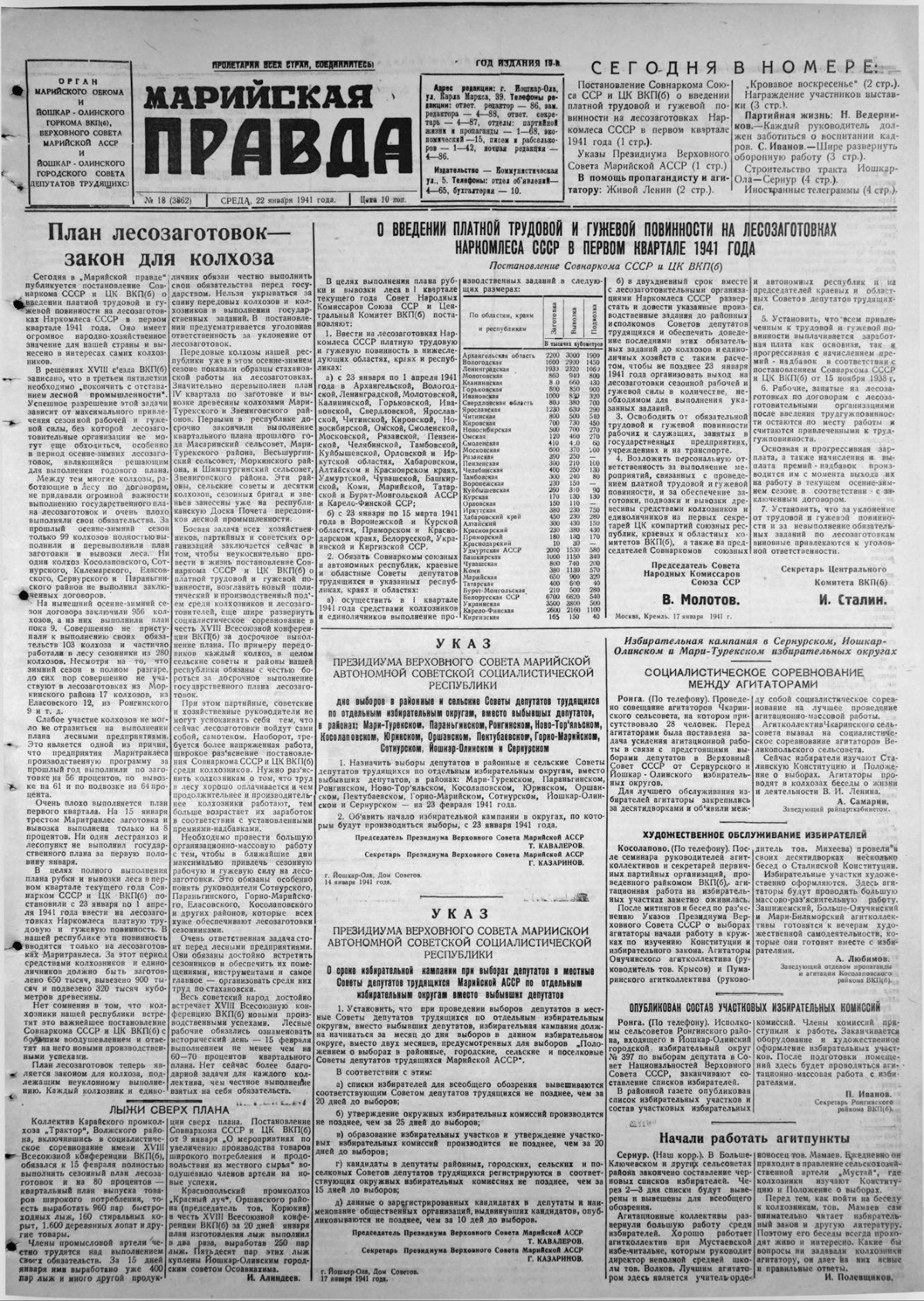 Газета «Марийская правда» от 22.01.1941