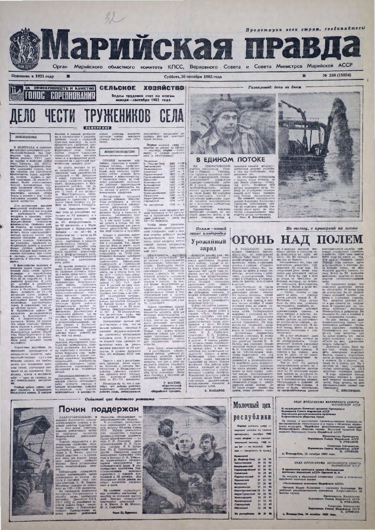 Газета «Марийская правда» от 16.10.1982