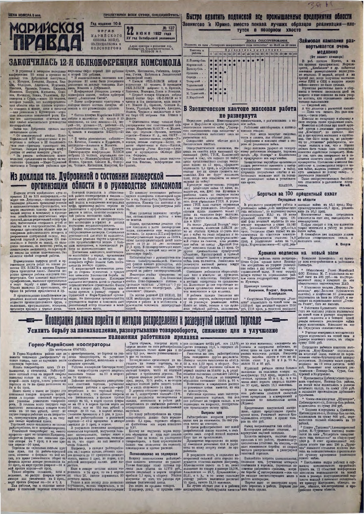 Газета «Марийская правда» от 22.06.1932