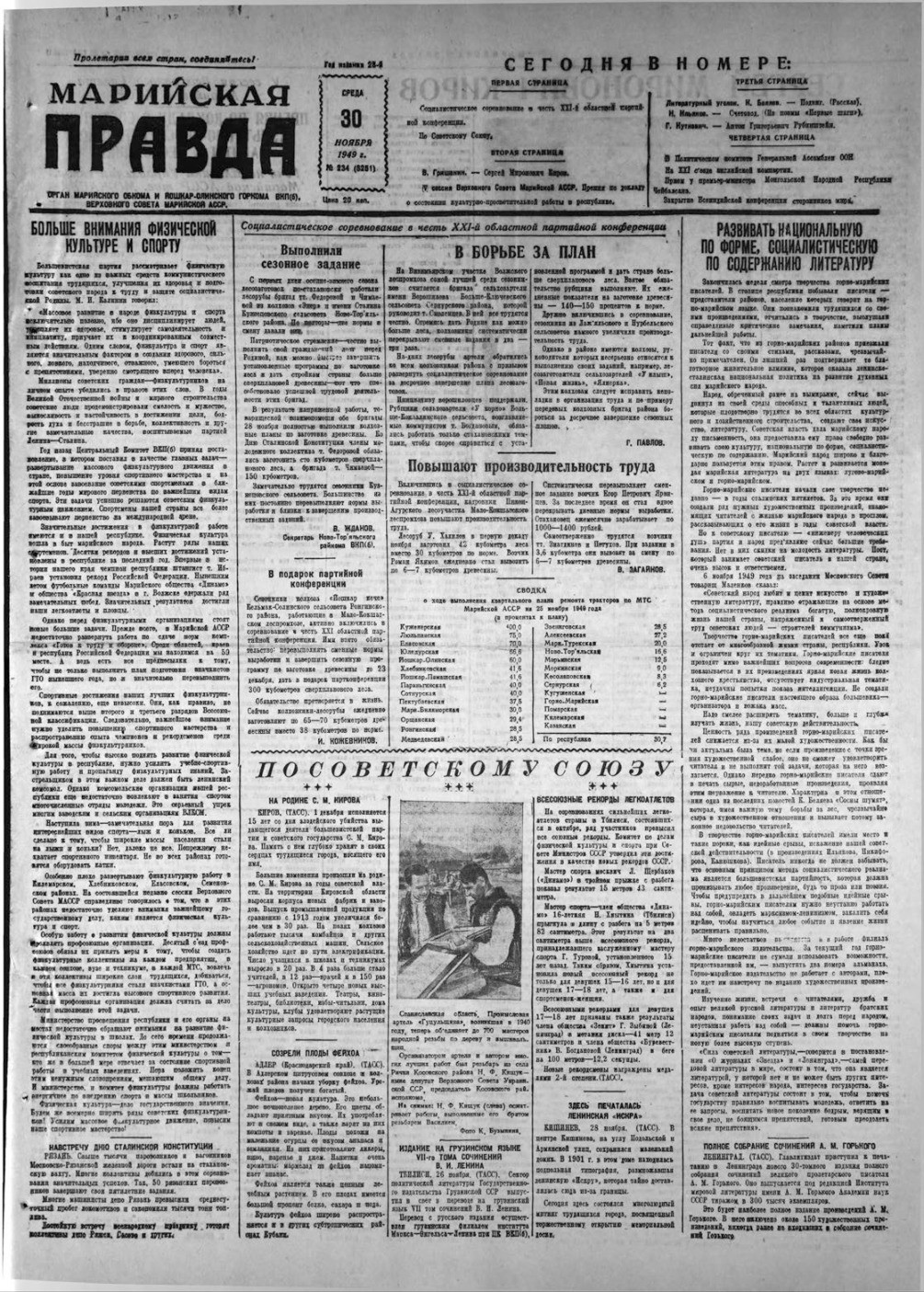 Газета «Марийская правда» от 30.11.1949
