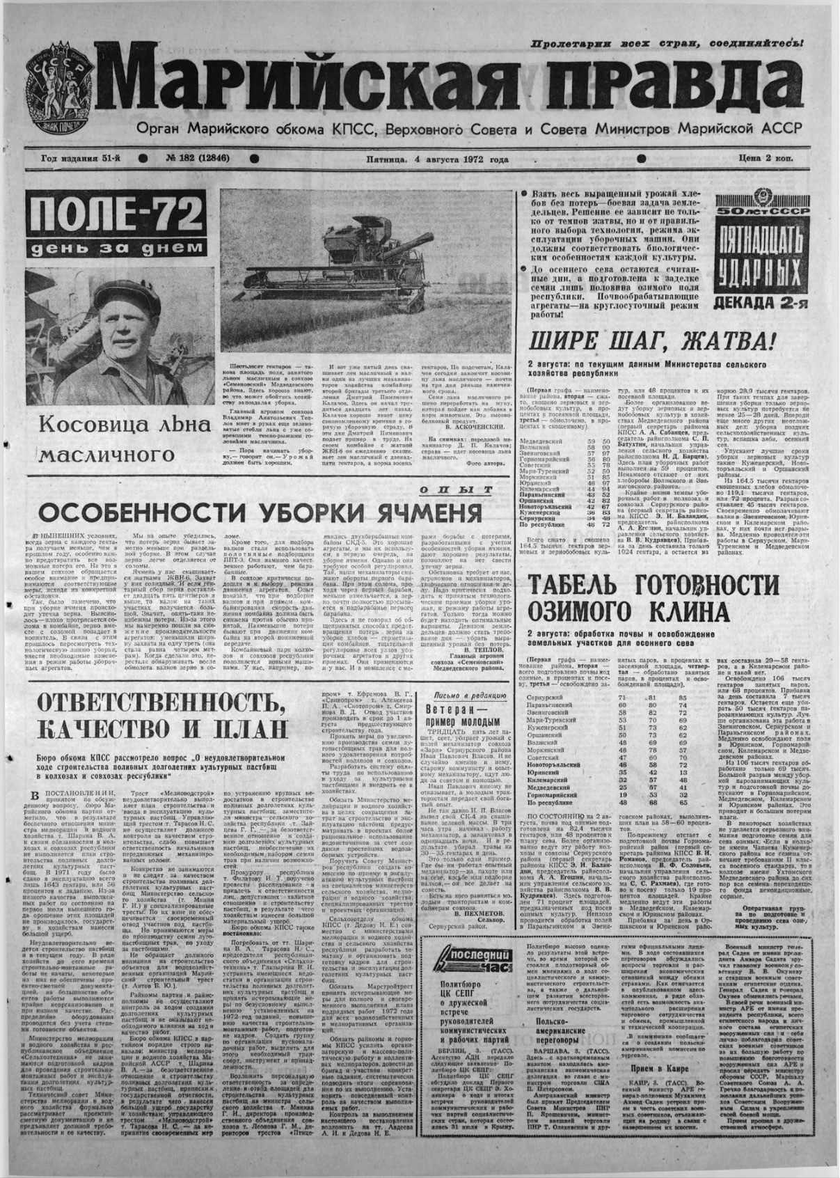 Газета «Марийская правда» от 04.08.1972