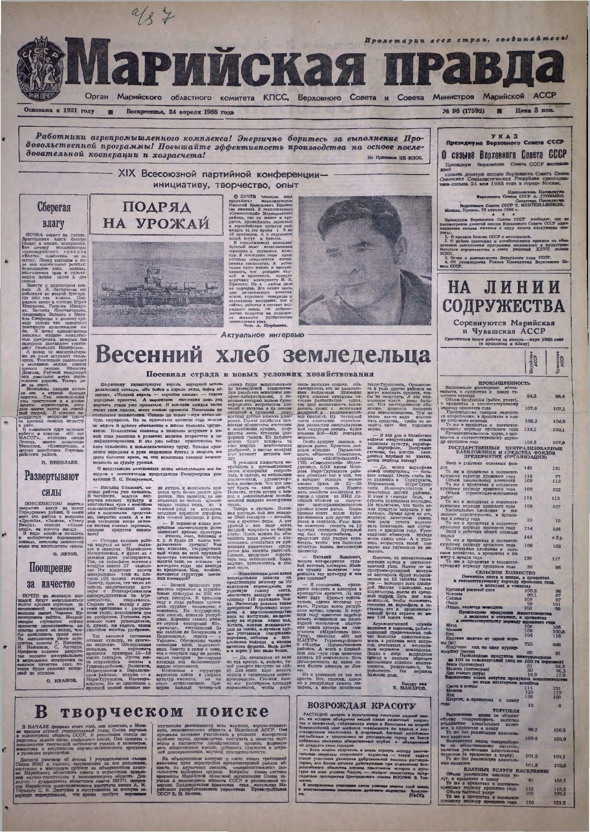 Газета «Марийская правда» от 24.04.1988