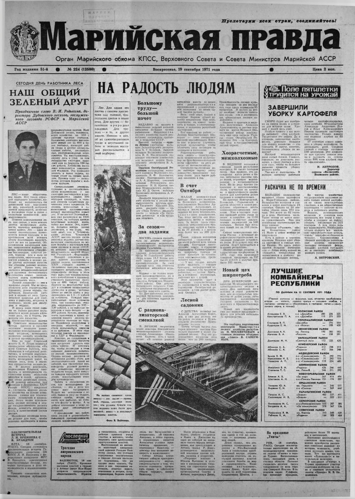 Газета «Марийская правда» от 19.09.1971
