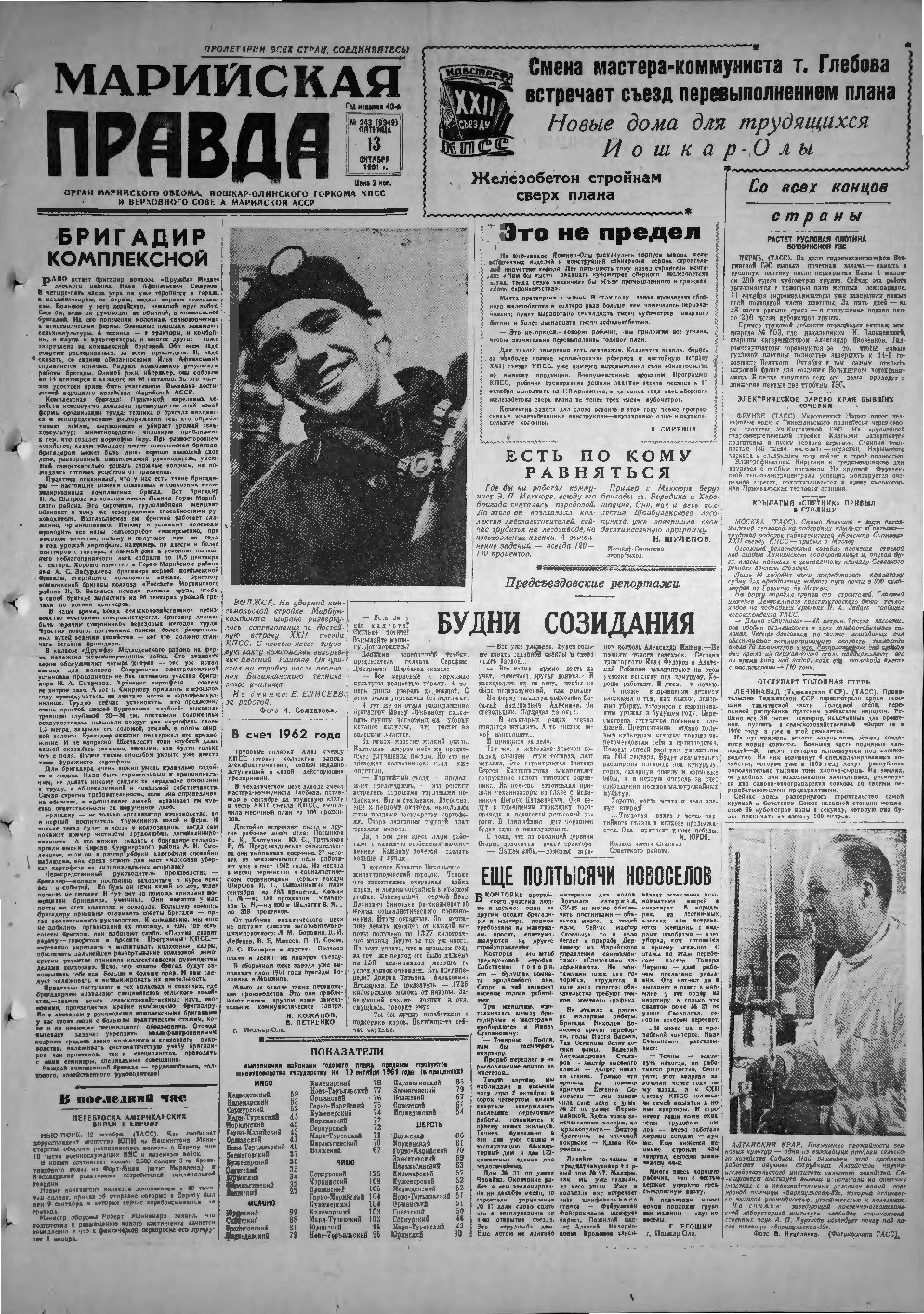 Газета «Марийская правда» от 13.10.1961