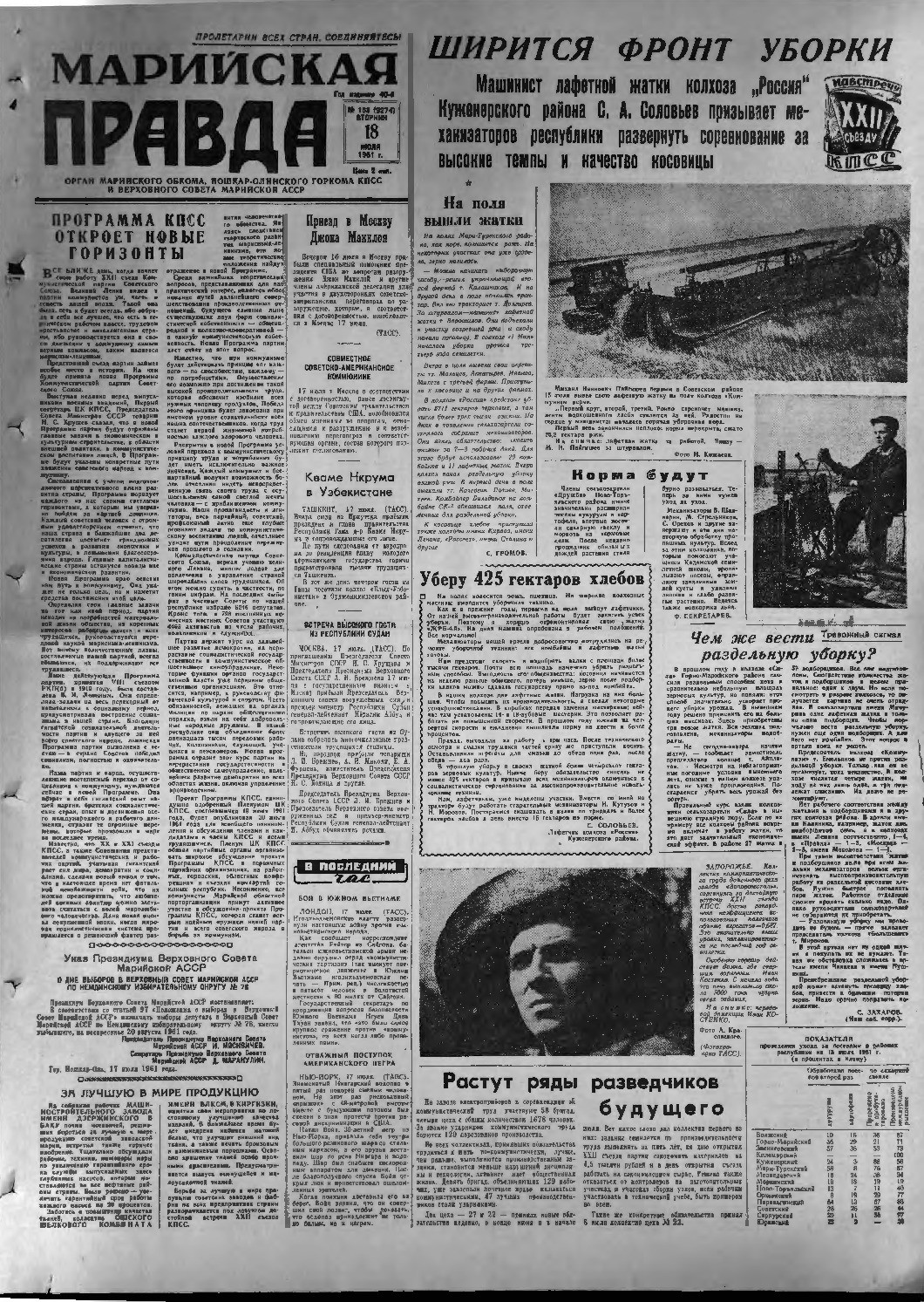 Газета «Марийская правда» от 18.07.1961