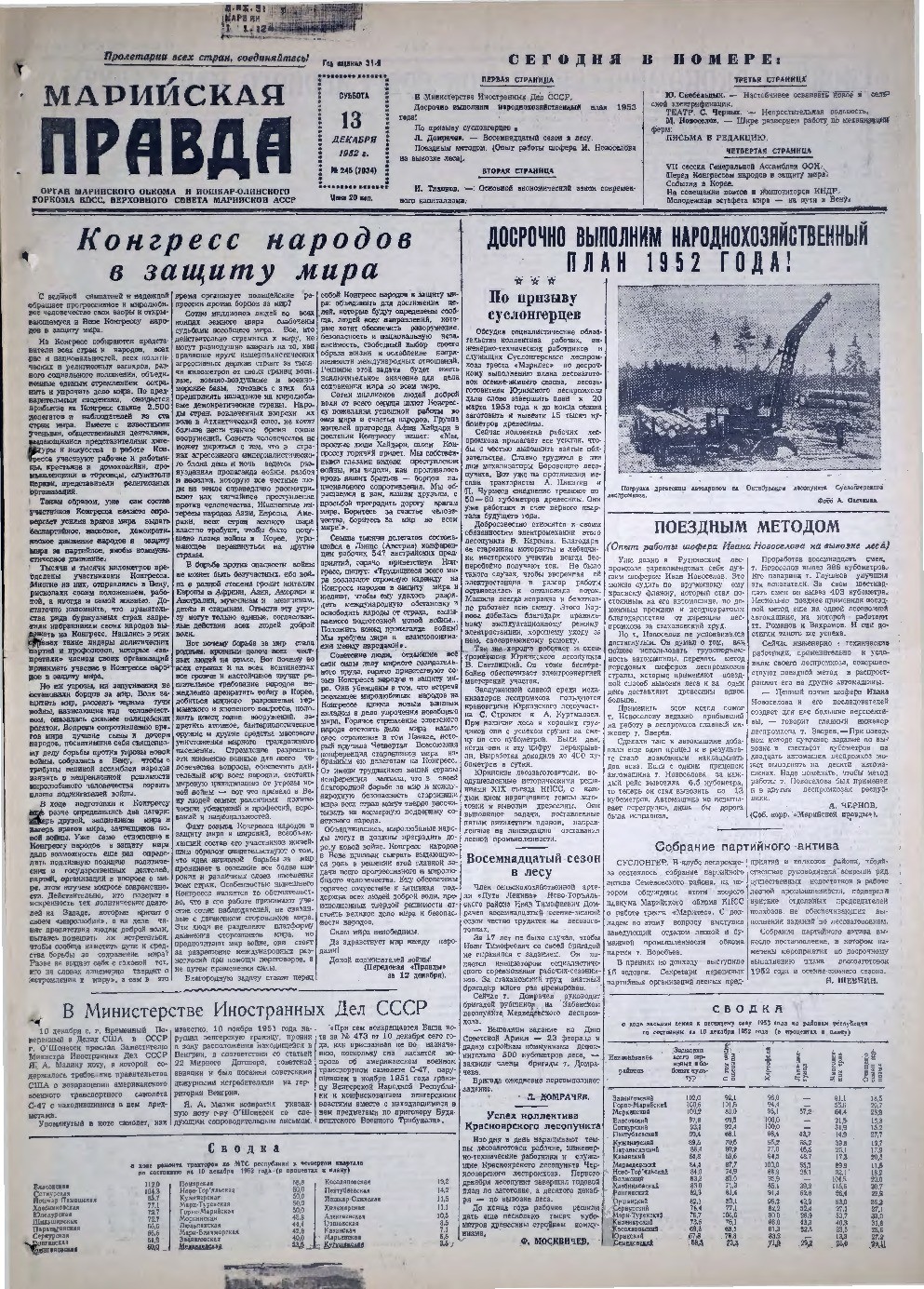 Газета «Марийская правда» от 13.12.1952