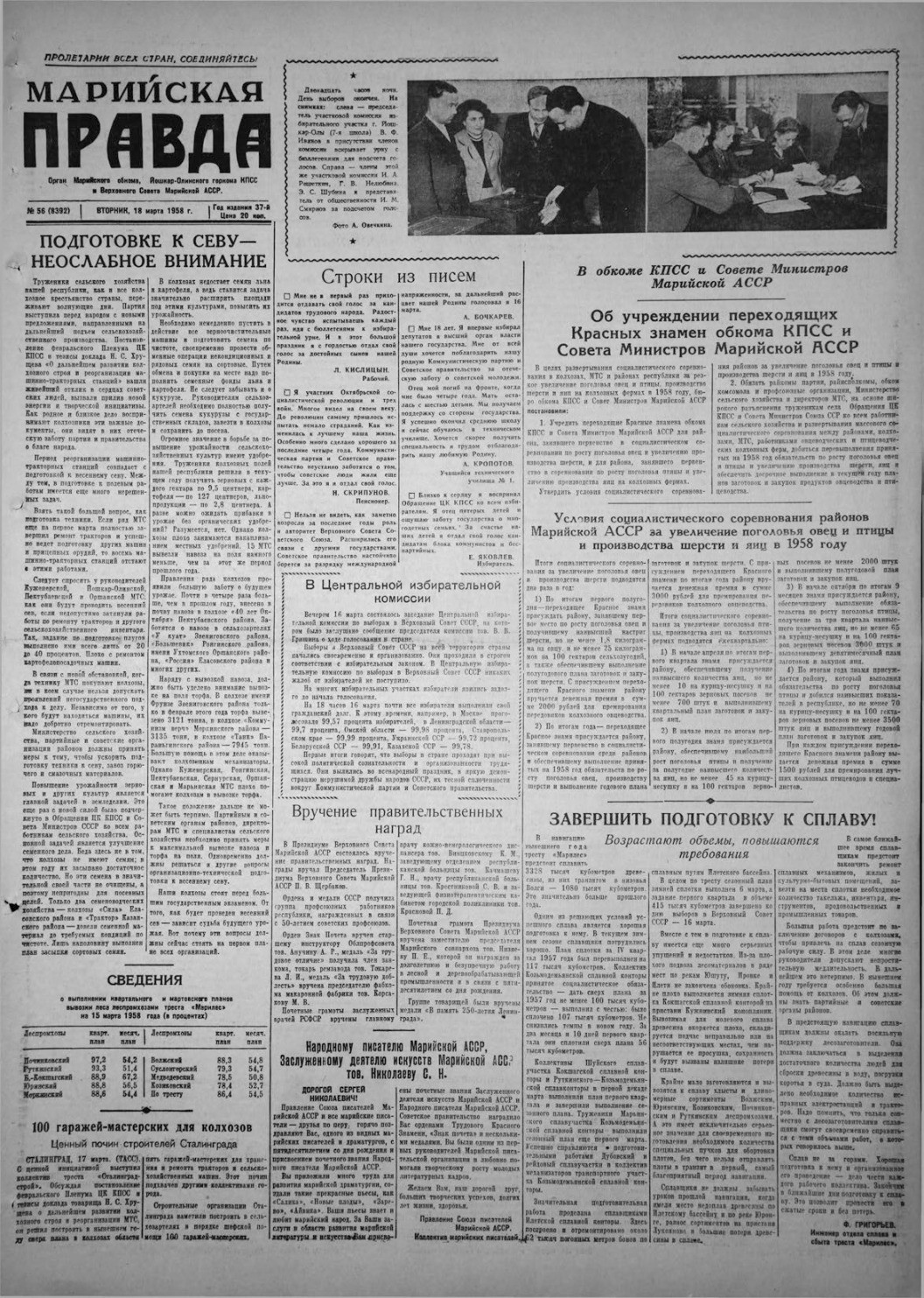 Газета «Марийская правда» от 18.03.1958
