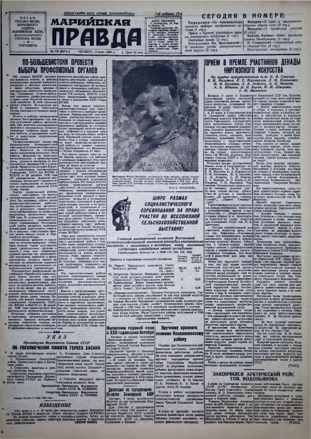 Газета «Марийская правда» от 08.06.1939
