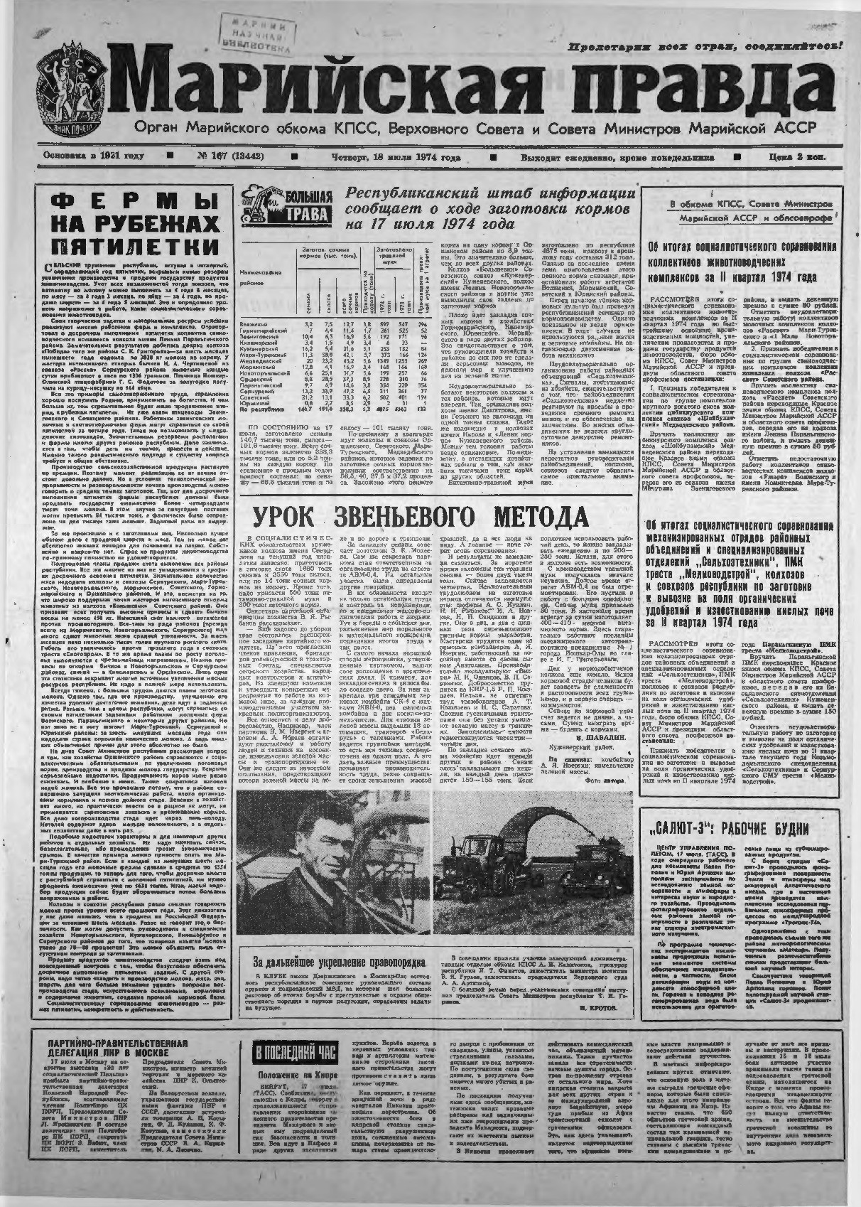 Газета «Марийская правда» от 18.07.1974