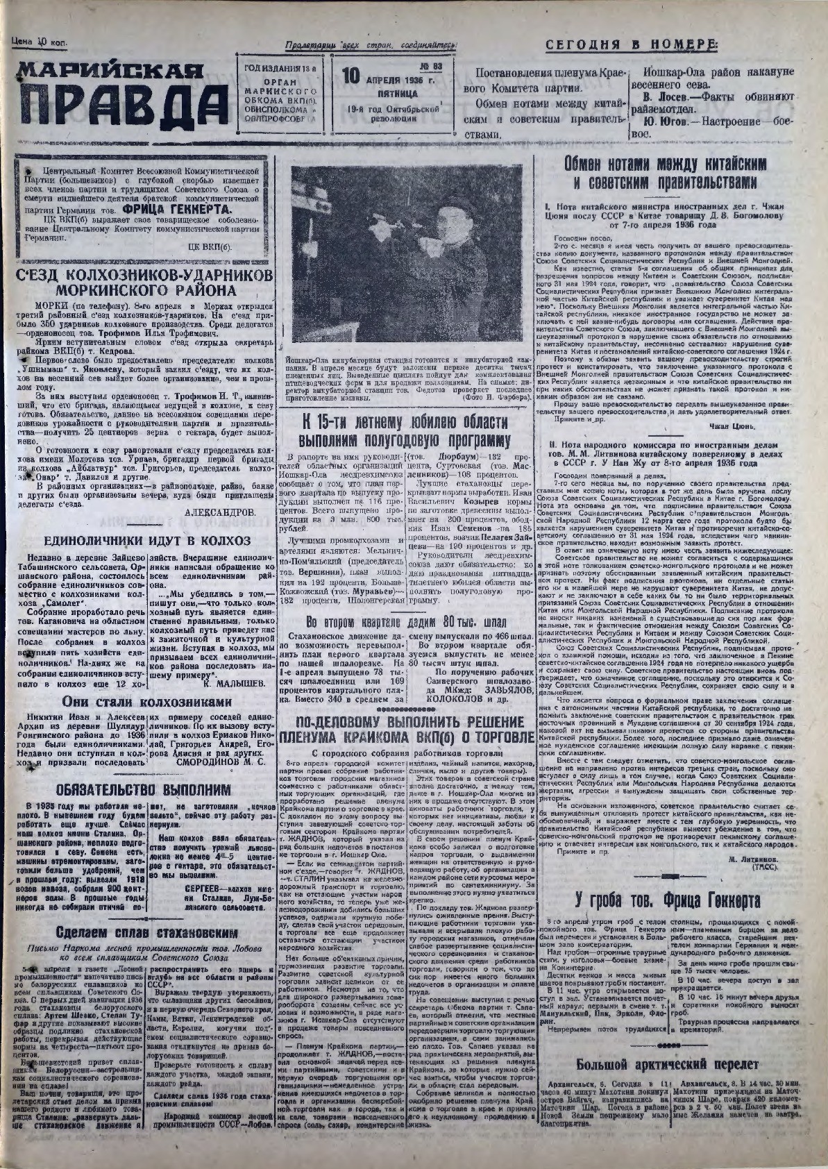 Газета «Марийская правда» от 10.04.1936