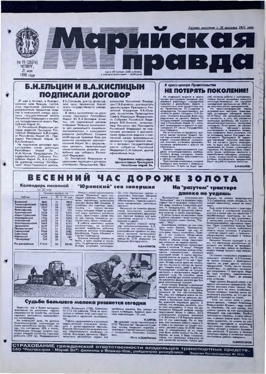 Газета «Марийская правда» от 21.05.1998