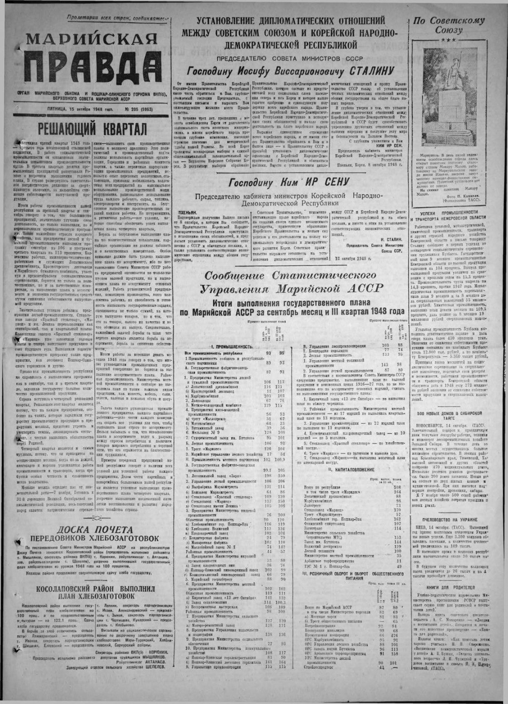 Газета «Марийская правда» от 15.10.1948