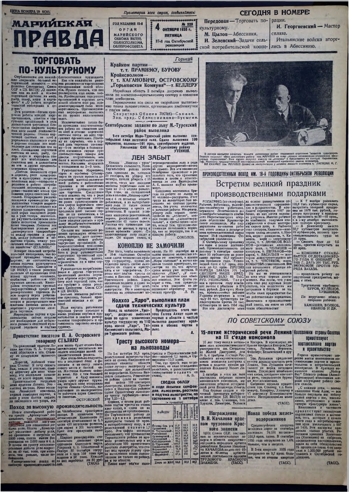 Газета «Марийская правда» от 04.10.1935