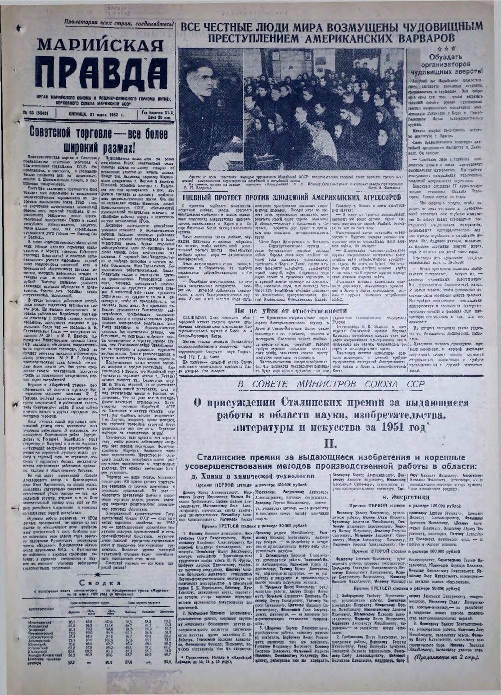 Газета «Марийская правда» от 21.03.1952