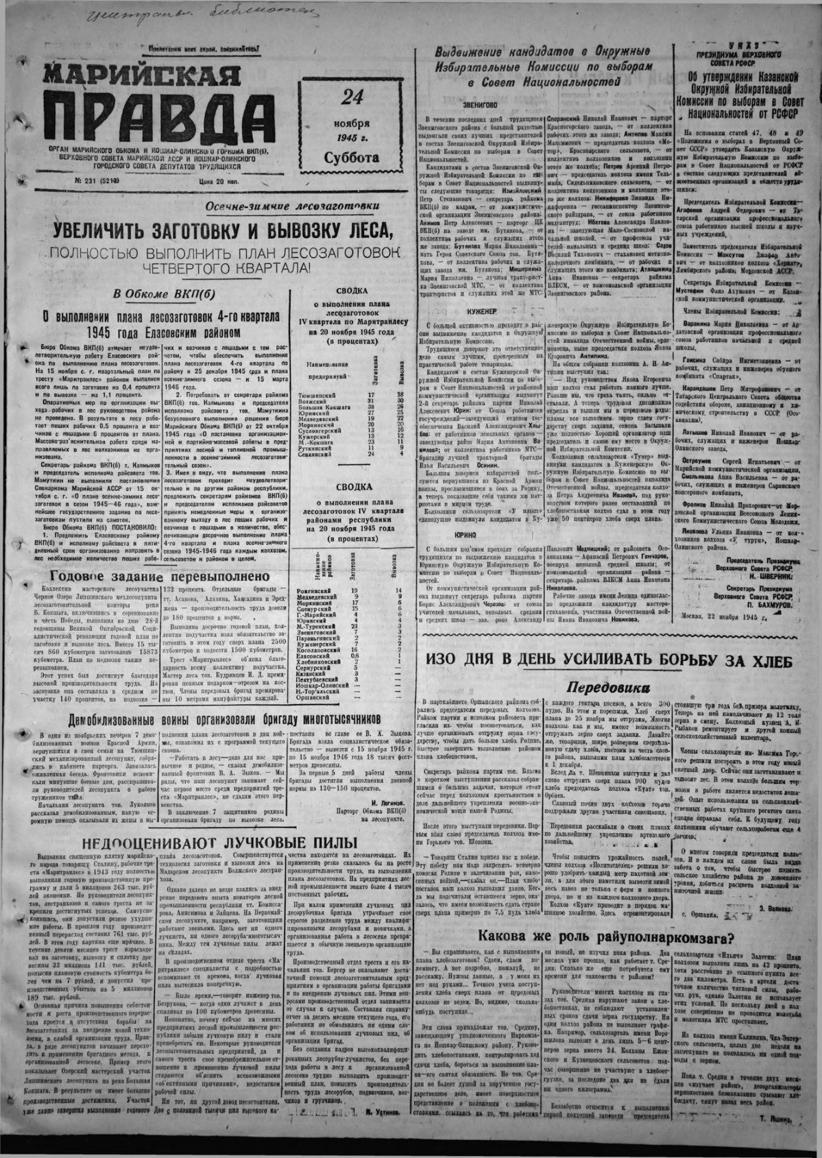 Газета «Марийская правда» от 24.11.1945