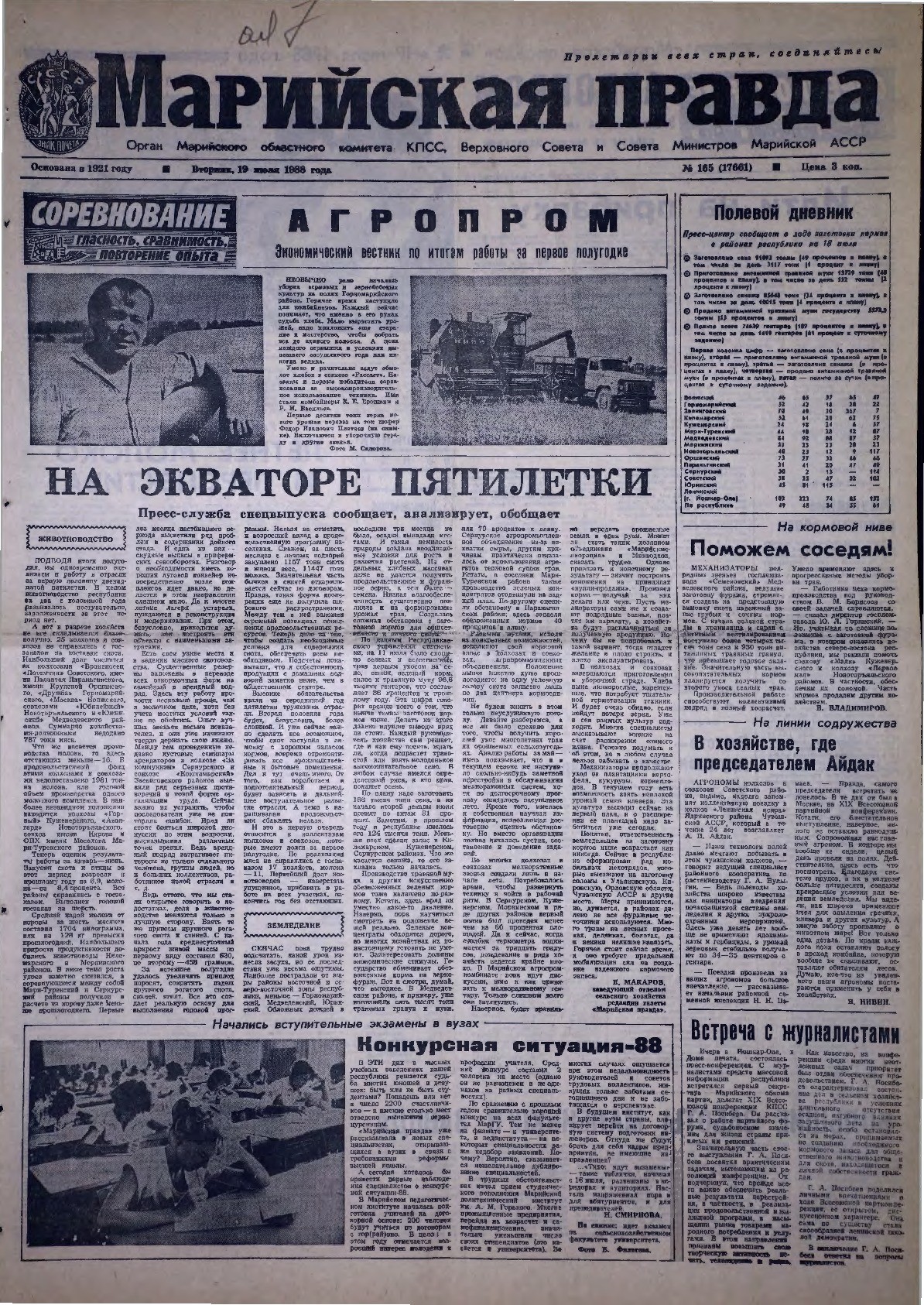 Газета «Марийская правда» от 19.07.1988