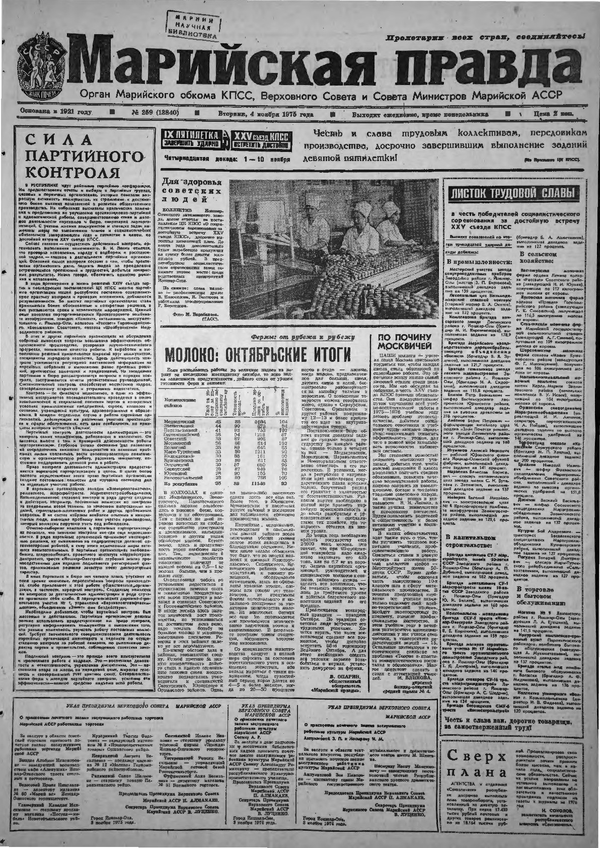 Газета «Марийская правда» от 04.11.1975