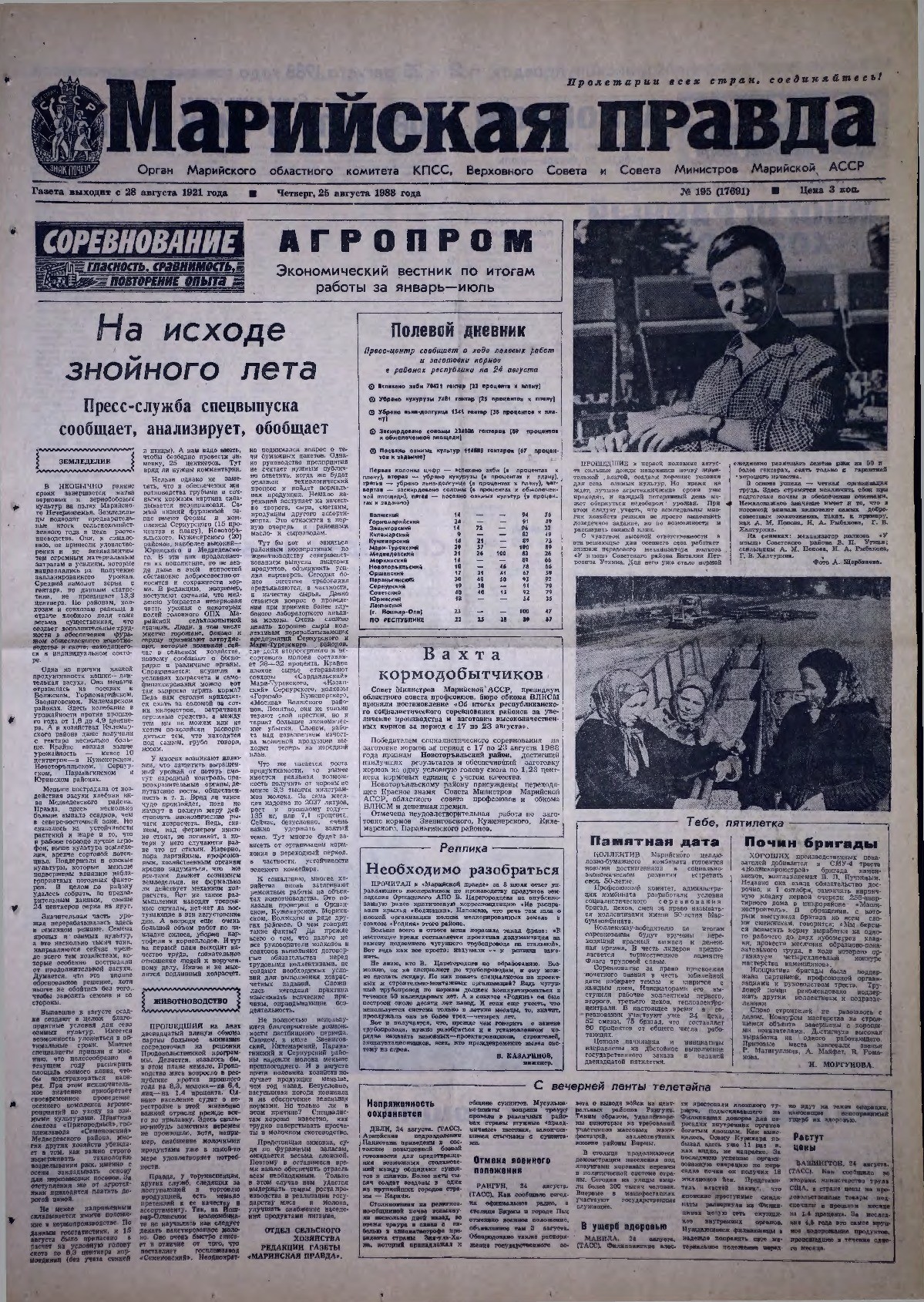 Газета «Марийская правда» от 25.08.1988