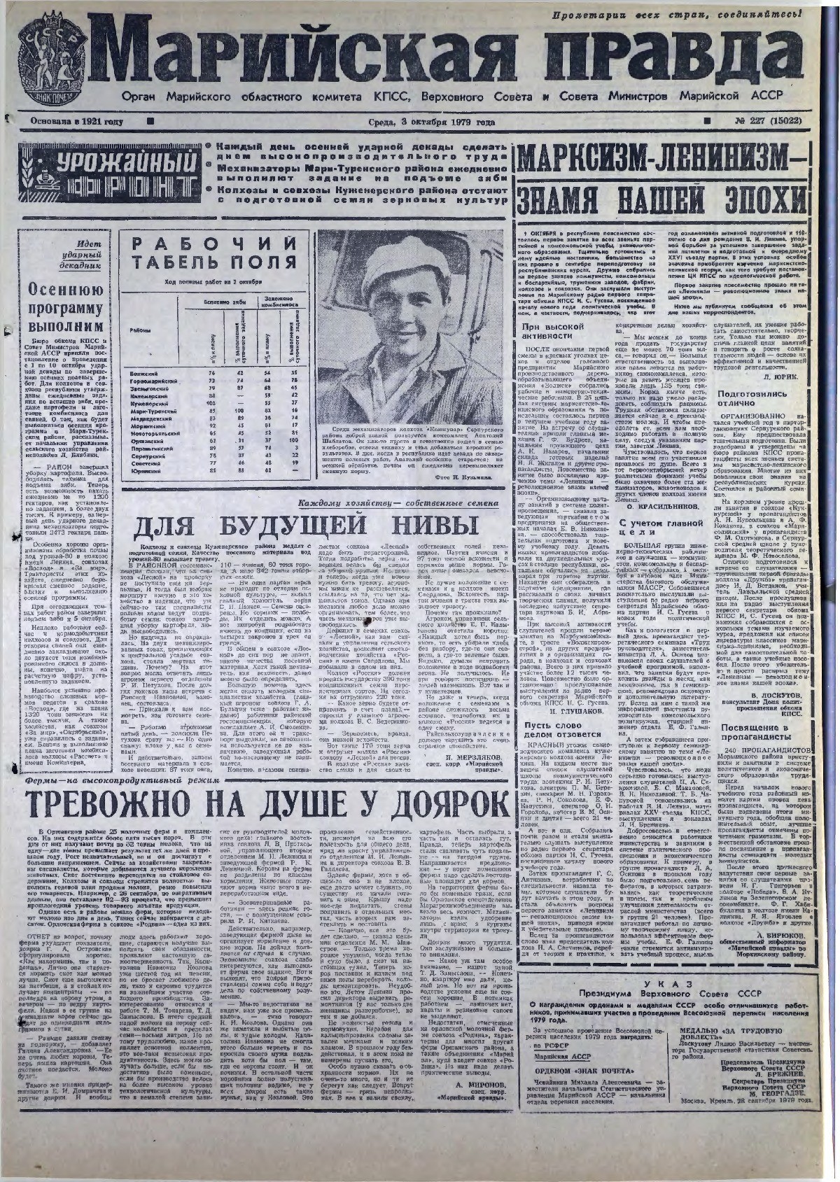 Газета «Марийская правда» от 03.10.1979