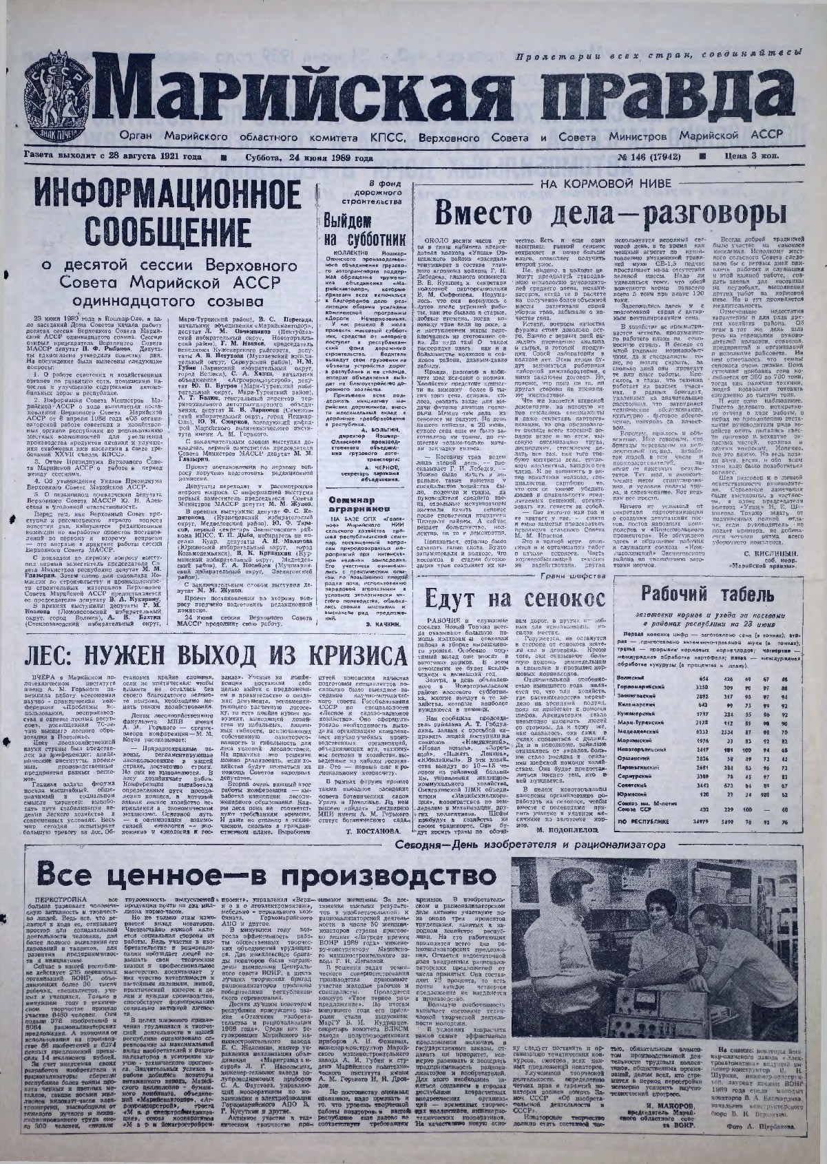 Газета «Марийская правда» от 24.06.1989