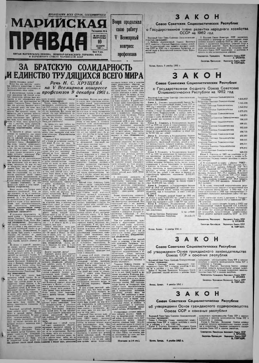 Газета «Марийская правда» от 10.12.1961