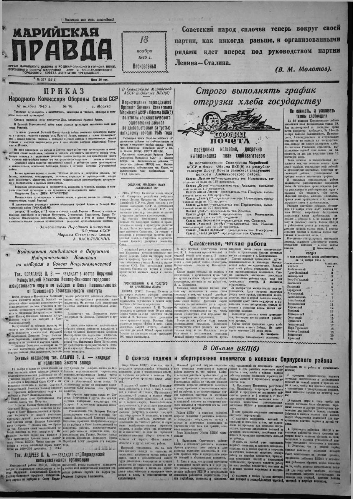 Газета «Марийская правда» от 18.11.1945