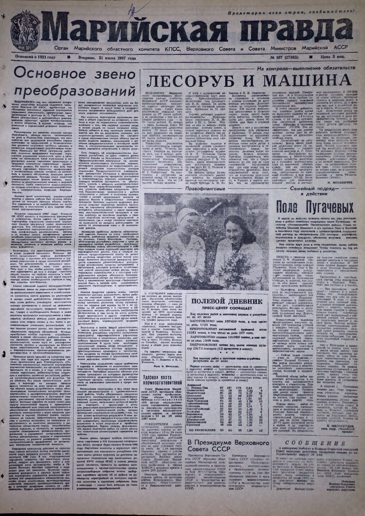 Газета «Марийская правда» от 21.07.1987