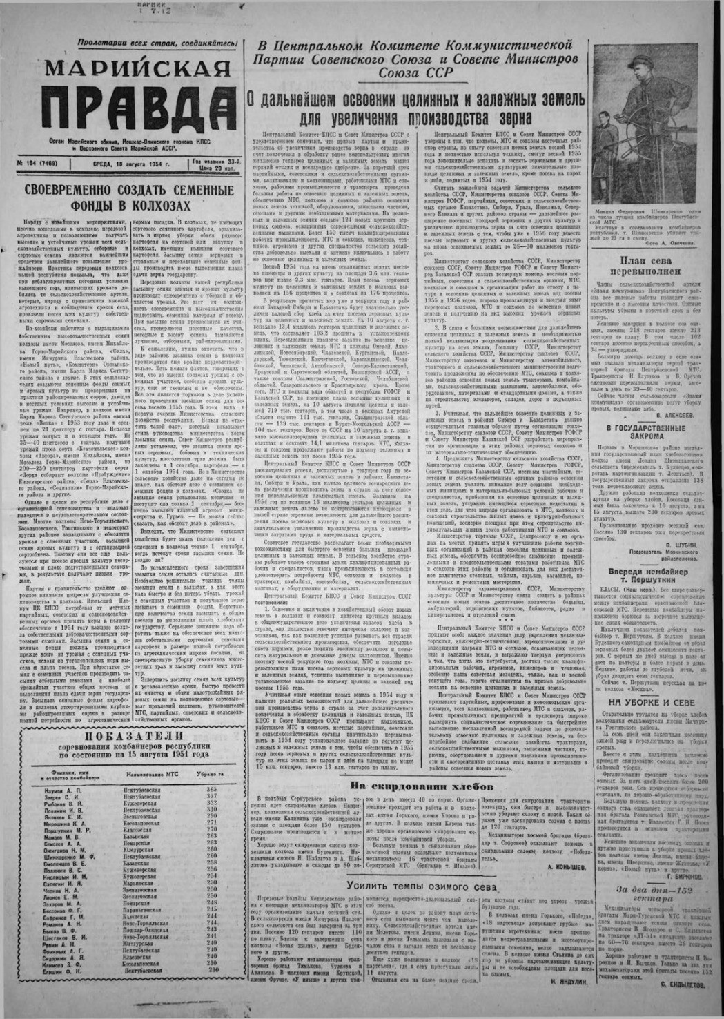 Газета «Марийская правда» от 18.08.1954