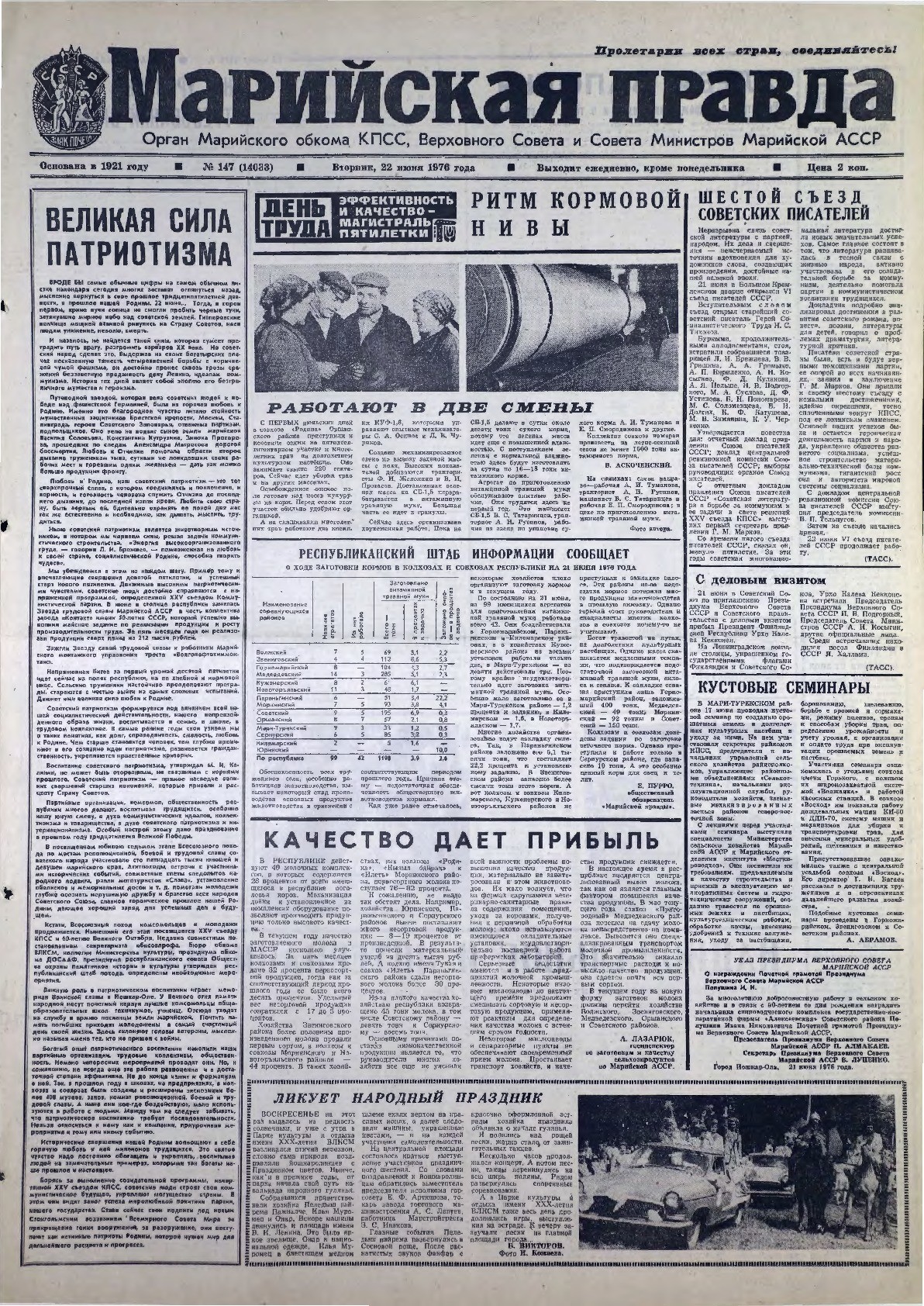 Газета «Марийская правда» от 22.06.1976