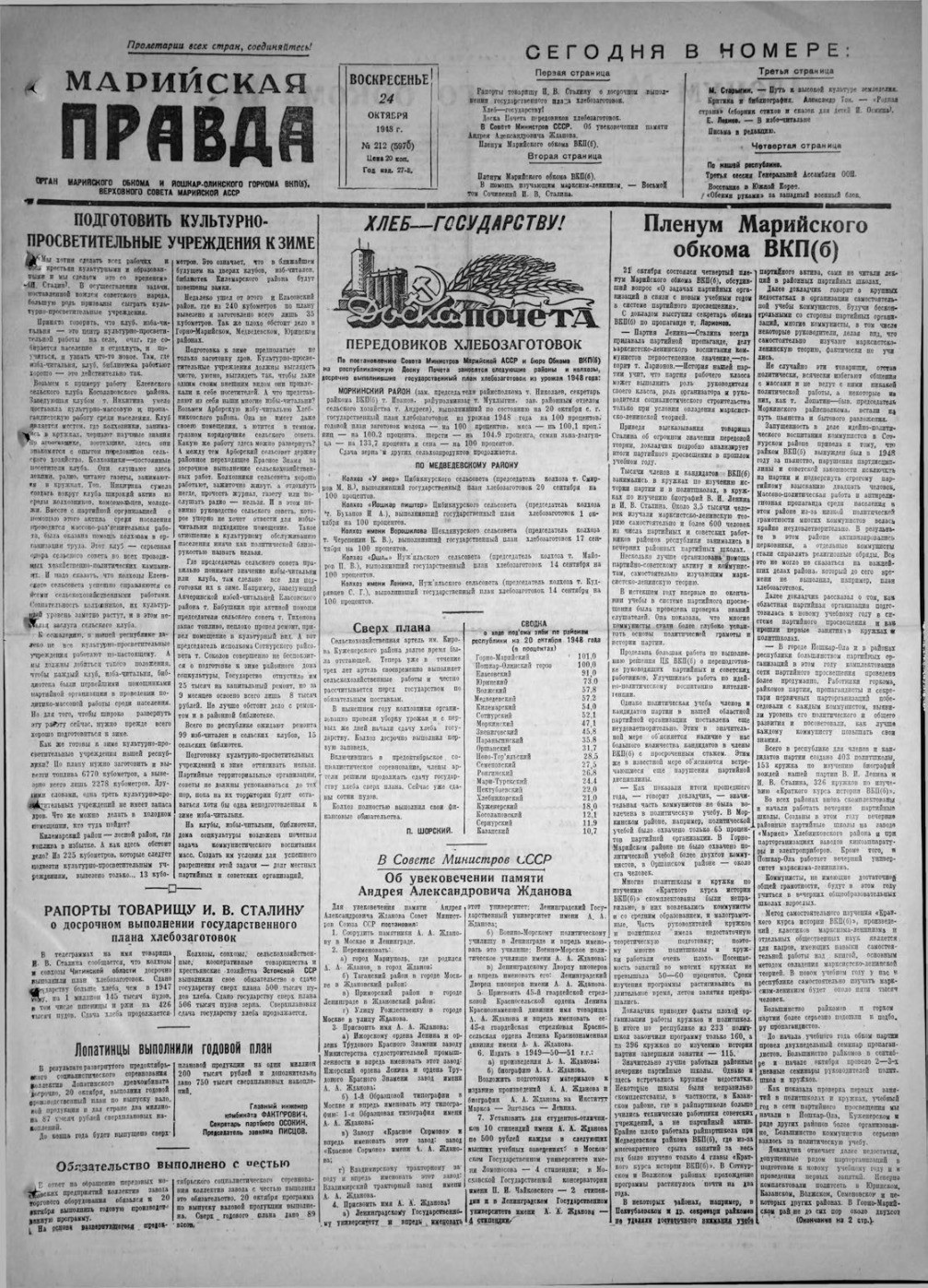 Газета «Марийская правда» от 24.10.1948
