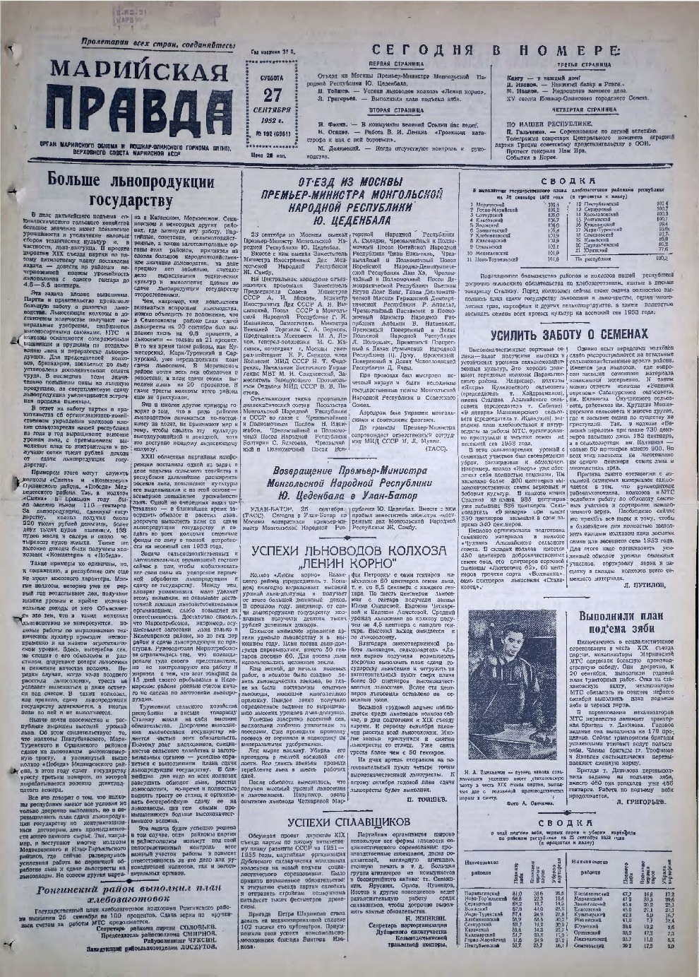 Газета «Марийская правда» от 27.09.1952