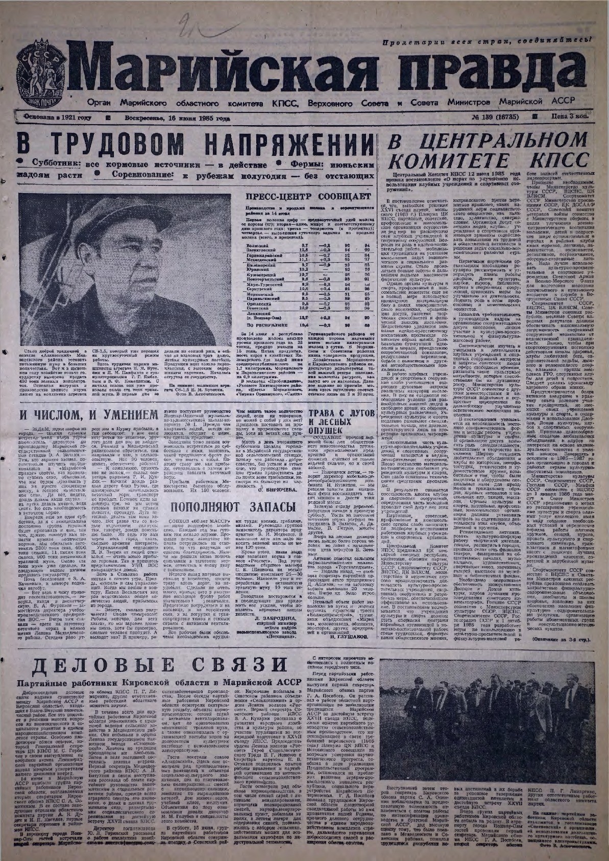 Газета «Марийская правда» от 16.06.1985