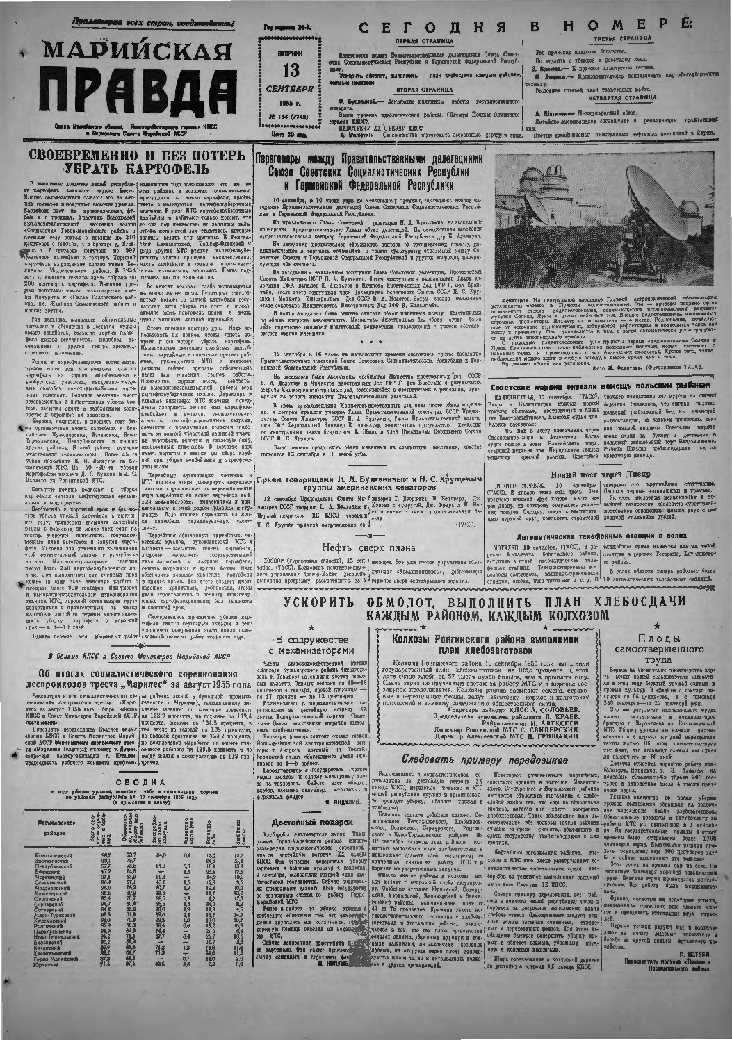 Газета «Марийская правда» от 13.09.1955