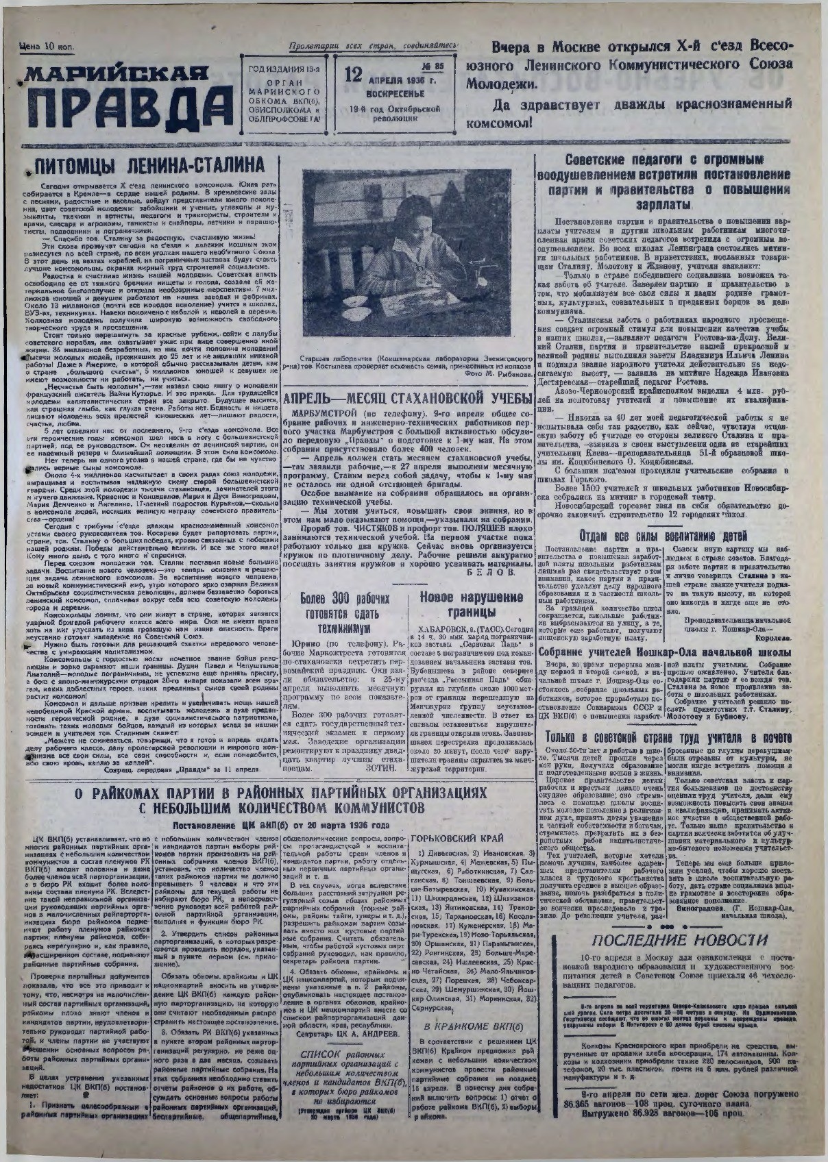 Газета «Марийская правда» от 12.04.1936