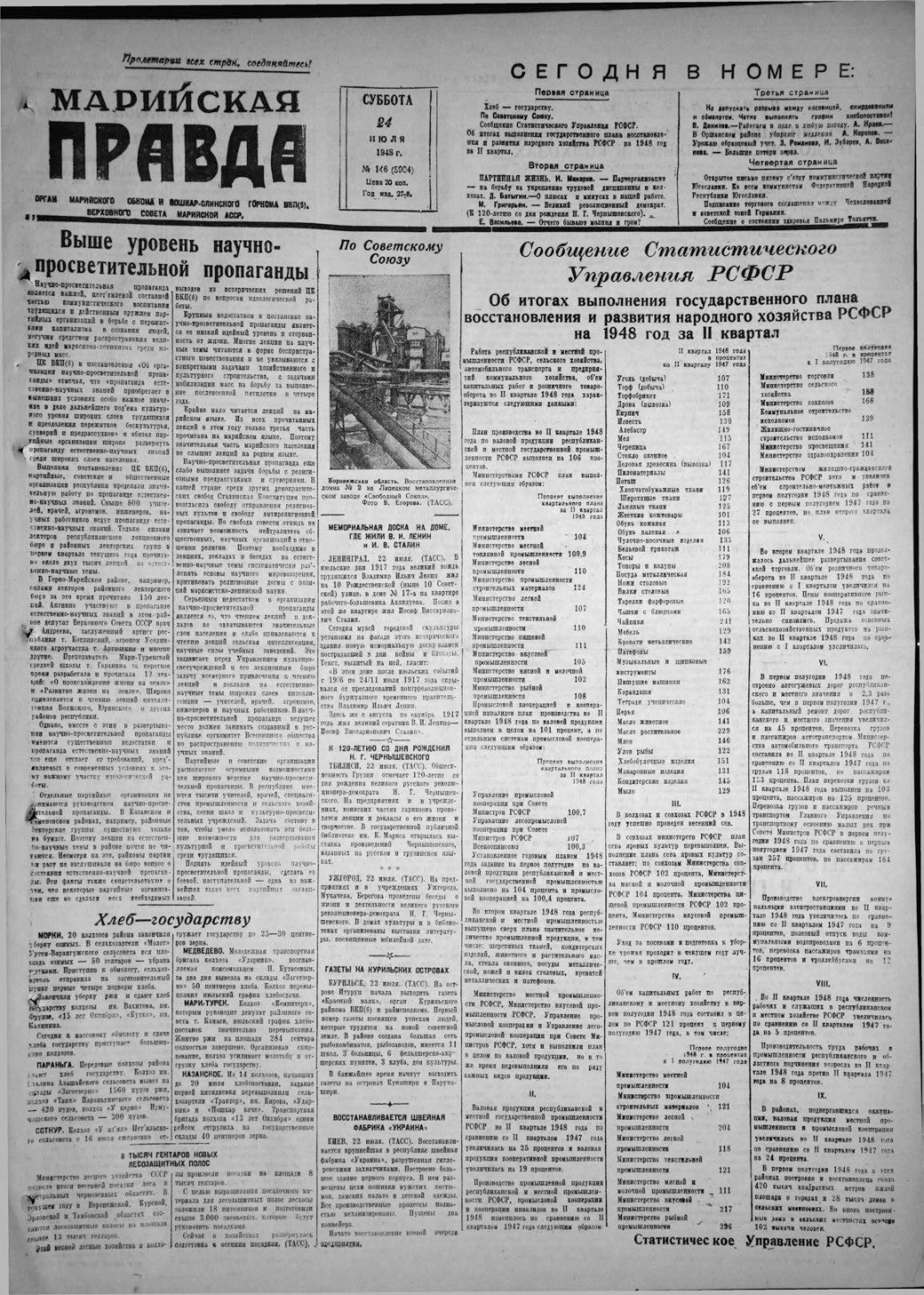 Газета «Марийская правда» от 24.07.1948